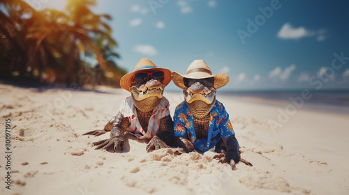 two crocodiles with hat and Hawaiian shirt sunbathing on the beach photo