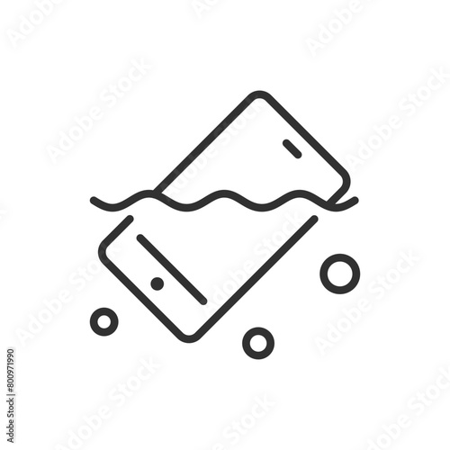 Smartphone in water, linear icon. Drown your phone. Drop phone in water. Line with editable stroke
