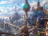 Illustrate a panoramic vista of futuristic inventions entwined with magical fairy tale elements Employ unexpected camera angles to evoke a sense of wonder and charm, bringing to life a unique blend of