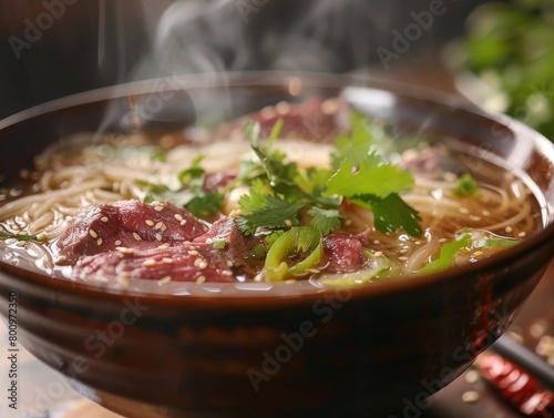 Beef Pho Noodle Soup Meatball Tendon Steak Flank Tripe Thai Basil Bean Sprout Siracha Hoisin Sauce Close-Up Vietnamese Food Dining Dinner Blurred Background Image