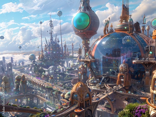 Illustrate a panoramic vista of futuristic inventions entwined with magical fairy tale elements Employ unexpected camera angles to evoke a sense of wonder and charm, bringing to life a unique blend of