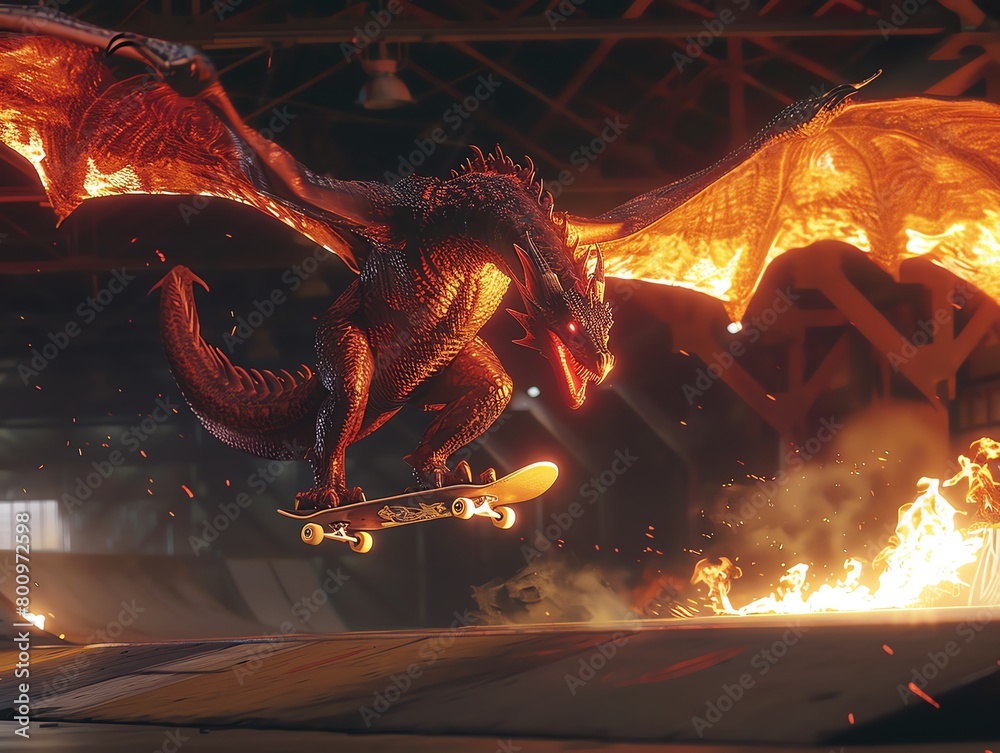 Capture the awe-inspiring moment of a fiery dragon soaring through a ...