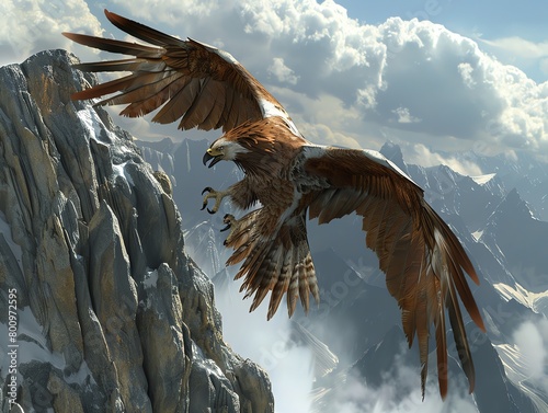 Imagine a mythical griffin gracefully diving from a mountain peak into a base-jumping competition Render this majestic creature with intricate feather details and a sense of speed against a dramatic s photo