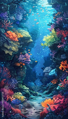 Dive into a surreal underwater world at a tilted angle, blending psychological concepts with vibrant coral reefs, bioluminescent creatures, reflecting the depths of the mind