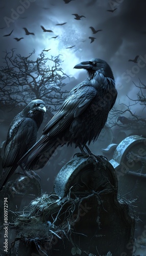 Illustrate a pack of ravens descending on a deserted graveyard at twilight, their glossy black feathers contrasting against the shadowy tombstones, embodying unity and strategic coordination © Amemage