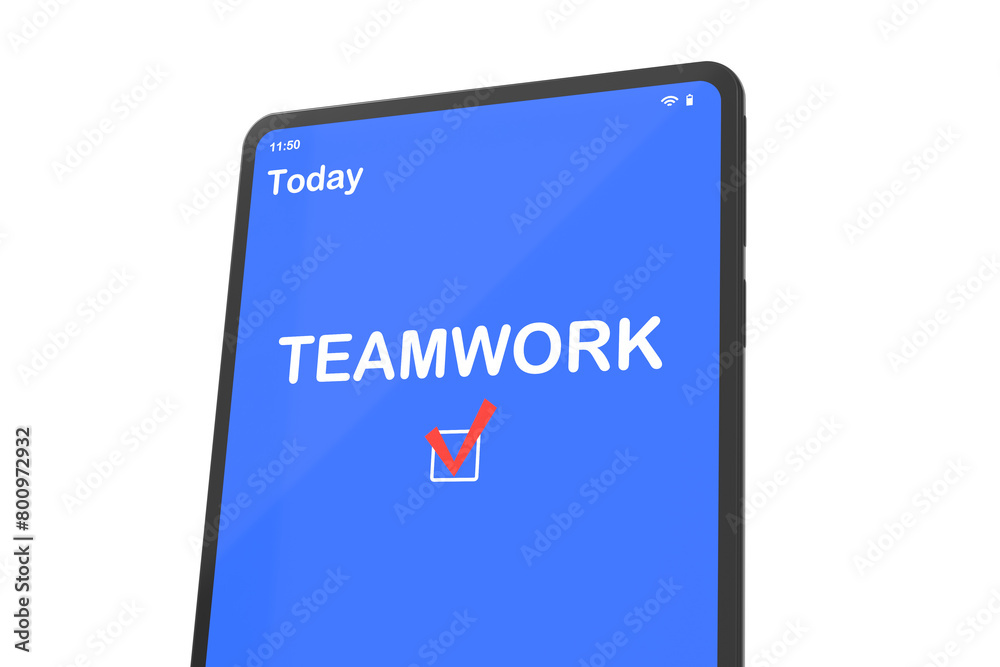 Electronic tablet with calendar app and text TEAMWORK. Scheduling concept, deadline control. 3D illustration.