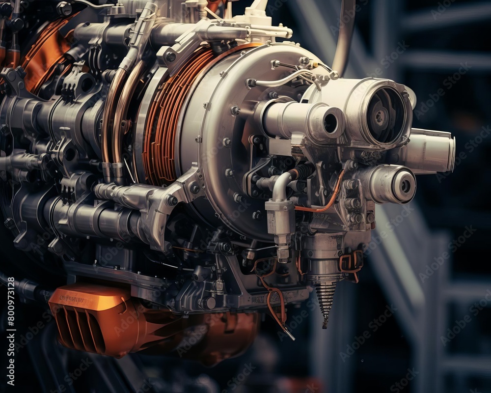 Closeup of a rockets engine during assembly in a hightech facility, intricate details of the machinery highlighted Closeup of a rockets engine during assembly in a hightech facility, intricate details of the machinery highlighted