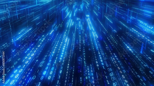 Digital Rain - Streaming Binary Code - Vertical Cyber Data Background - Deep Blue Hacking Concept