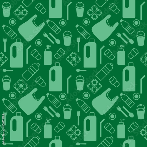Seamless pattern with plastic waste, empty bottles, plastic bags and containers.