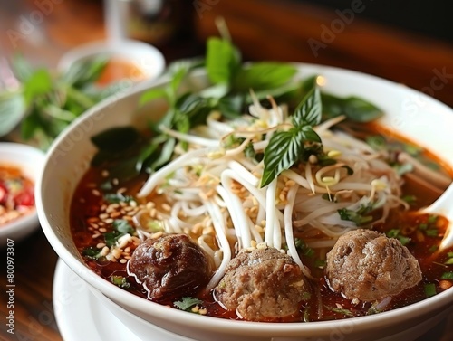 Beef Pho Noodle Soup Close-Up Vietnamese Food Dining Dinner Blurred Background Image	
