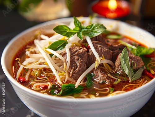 Beef Pho Noodle Soup Meatball Tendon Steak Flank Tripe Thai Basil Bean Sprout Siracha Hoisin Sauce Close-Up Vietnamese Food Dining Dinner Blurred Background Image	
