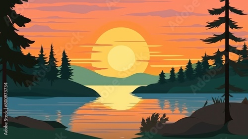 Tranquil Sunset Lake with Silhouetted Pine Trees