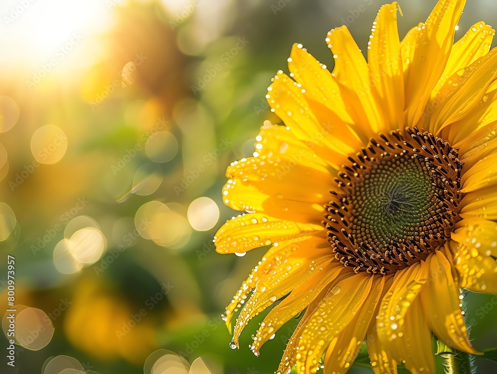 Fototapeta premium Capture the intricate details of a blooming sunflower, showcasing its vibrant yellow petals with dew drops glistening under the morning sun, evoking a sense of wonder and joy