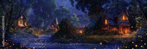 llustration of a beautiful dwarf village at night  filled with the light of fireflies