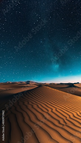 Visualize a vast desert landscape under a starry night sky  where rhythmic dunes stretch into the horizon in a photorealistic digital format Convey the essence of peaceful solitude through subtle colo