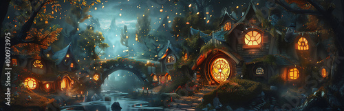 llustration of a beautiful dwarf village at night, filled with the light of fireflies photo