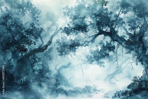 Illustrate a surreal dreamscape of a tranquil forest enveloped in mist, where ancient trees sway in harmony with a mystical melody in a watercolor technique Infuse the scene with a sense of calm throu photo
