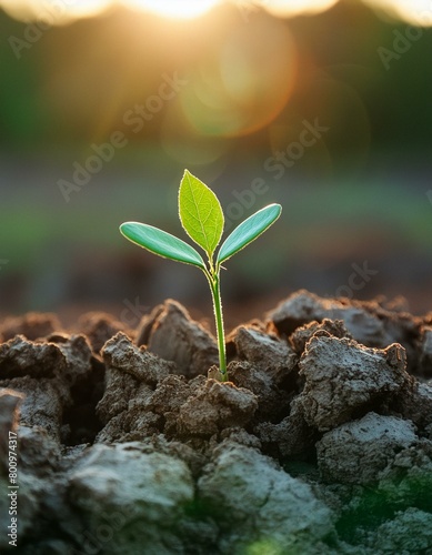 Plant growing in Drought - Hope in the Darkness - Concept of Positivity - Green Sprout popping up in a field of dried up Earth or Desert