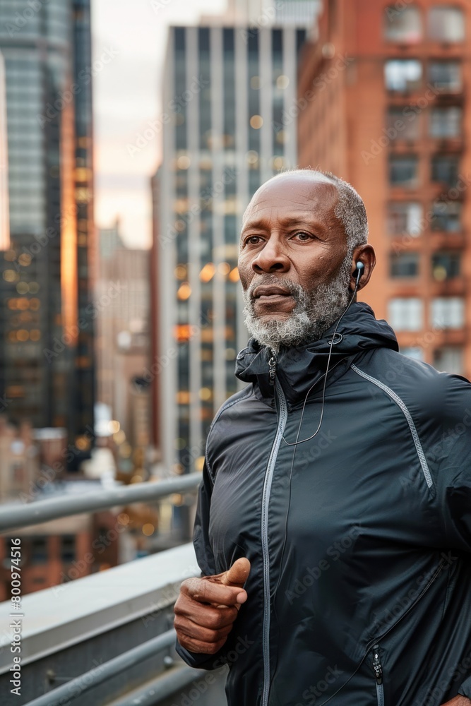 Elderly African American man standing on a bridge, wearing a black jacket Elderly African American man standing on a bridge, wearing a black jacket