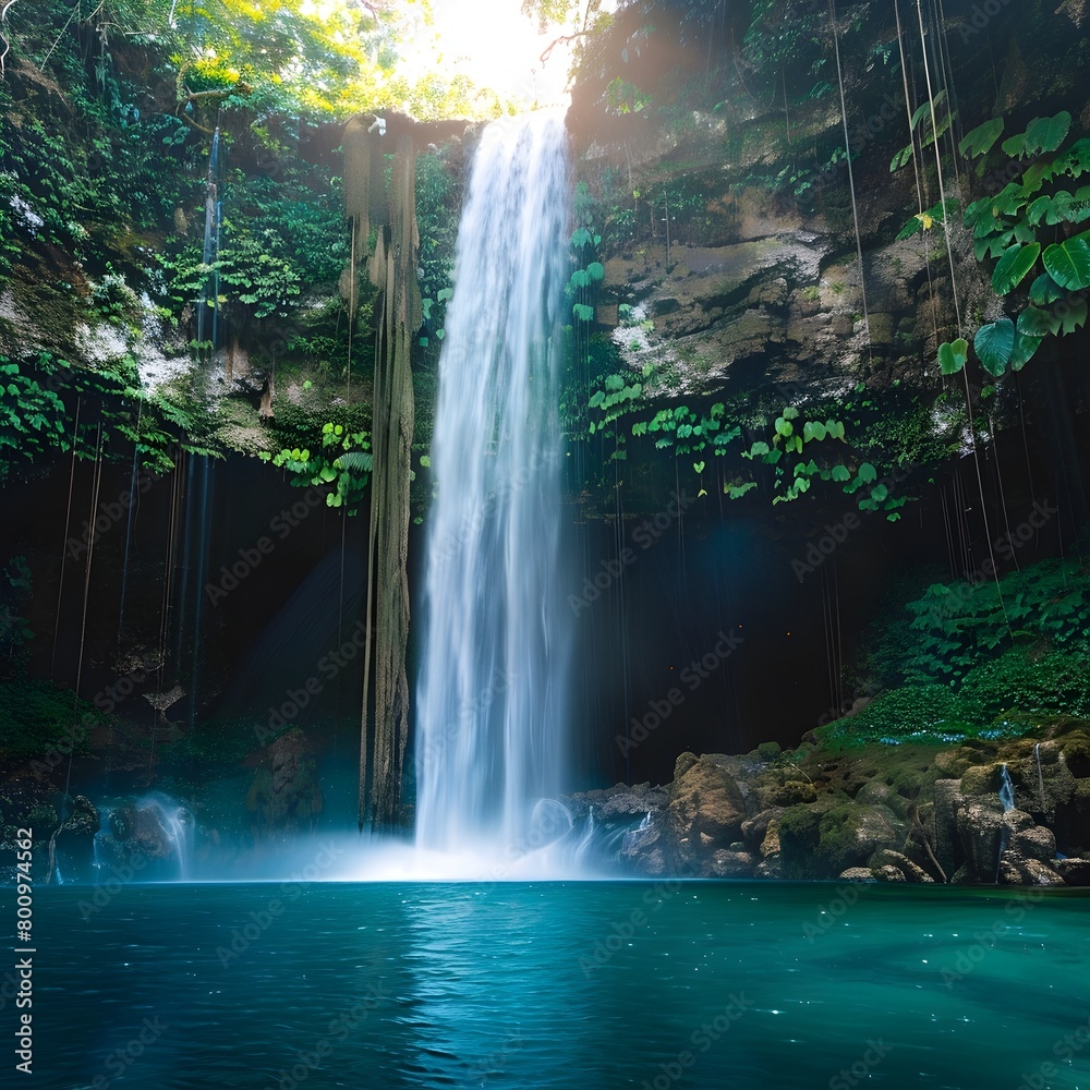 Majestic Waterfall Cascading into Serene Crystal Clear Pool in Lush Tropical Rainforest Landscape