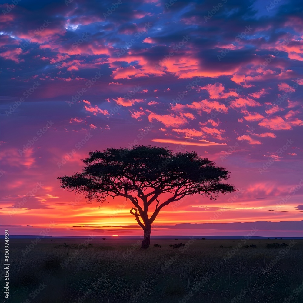 Lone African Tree Silhouetted Against a Breathtaking Vibrant Sunset Over the Vast Savanna Landscape
