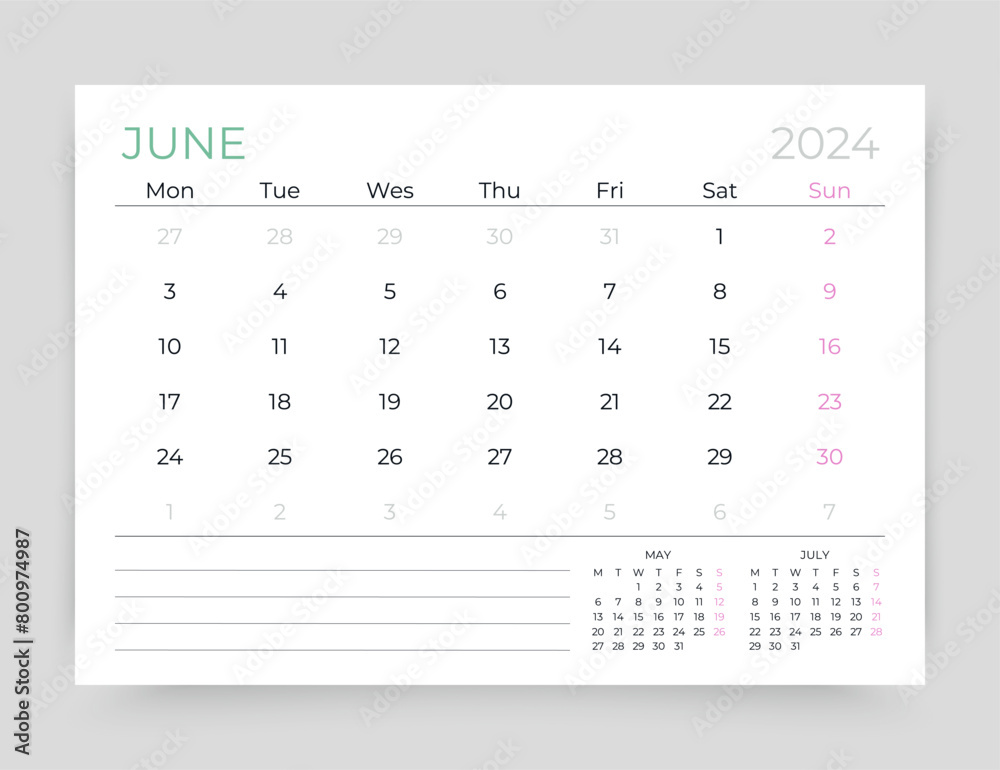Calendar for June 2024 year. Planner calender template. Week starts Monday. Monthly organizer. Desk corporate diary. Timetable layout. Table schedule grid. Vector simple illustration. Paper size A5 Calendar for June 2024 year. Planner calender template. Week starts Monday. Monthly organizer. Desk corporate diary. Timetable layout. Table schedule grid. Vector simple illustration. Paper size A5