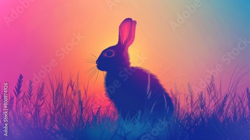 Easter Bunny Silhouette - Warm Gradient Sunset - Springtime Festivity