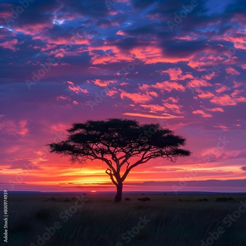 Lone African Tree Silhouetted Against a Breathtaking Vibrant Sunset Over the Vast Savanna Landscape