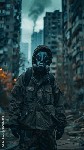 A man in a gas mask stands in front of a building
