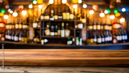 Wooden board and beautiful bokeh shelves with alcohol bottles at the background
