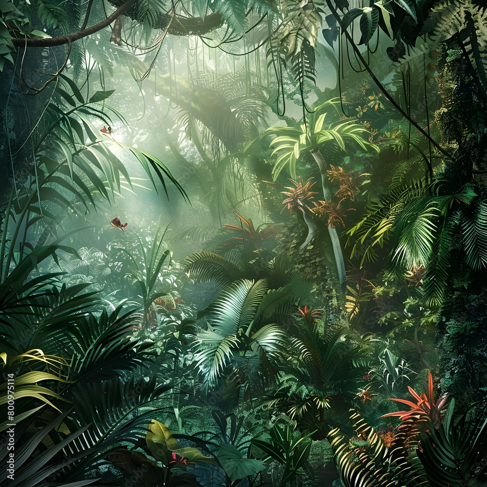 Lush and Verdant Tropical Jungle Teeming with Exotic Life Forms