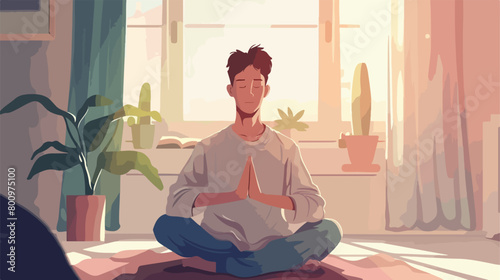 Young man in pajamas meditating at home Vector style