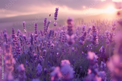 A field of lavender sways gently in the breeze  camera pans across to capture rows of purple hues blending into the horizon  bees buzzing harmoniously  soft sunlight bathing the scene  evoking a tranq
