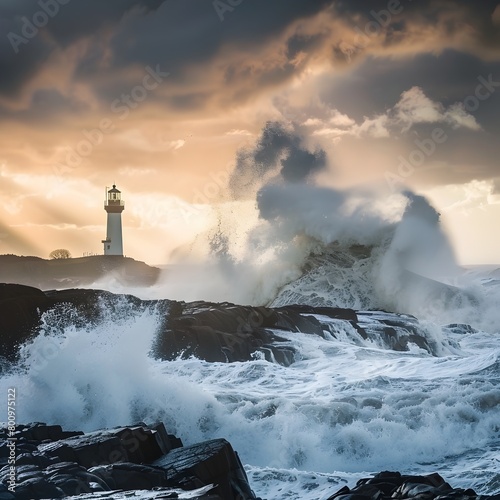Dramatic Coastal Landscape with Powerful Waves and Towering Lighthouse