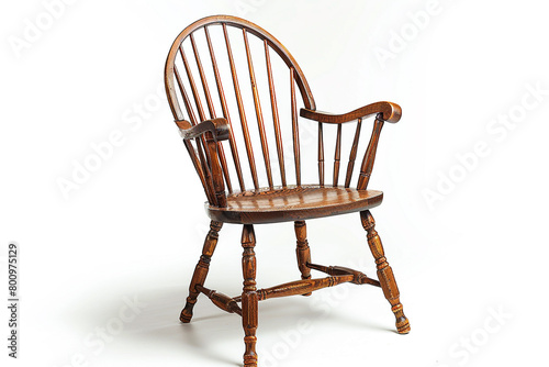 A traditional Windsor chair showcased on a solid white backdrop, isolated on solid white background.