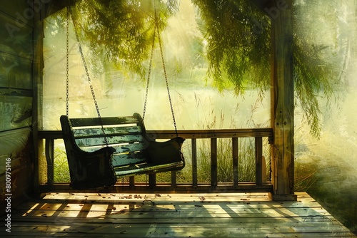 A wooden porch swing gently rocks back and forth, camera zooming in to capture rhythmic creaks, a soft breeze rustling the nearby willow tree, its long leaves brushing against the porch, the sun dippi photo