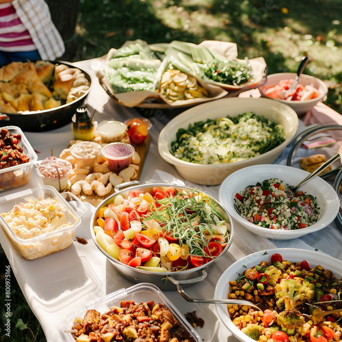 A diverse array of homemade dishes at a community potluck picnic