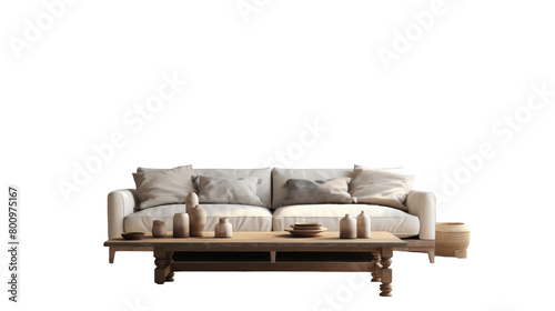 A white couch elegantly balanced atop a rustic wooden table