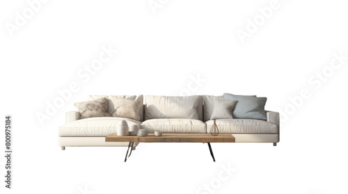 A white couch defying gravity, perched gracefully atop a wooden table photo