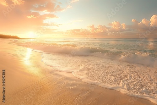 Golden sunset sky melts into a tranquil beach scene soft waves lapping at the shore  the horizon aglow with pastels  the camera panning slowly left to right capturing the rhythmic ebb and flow  evokin