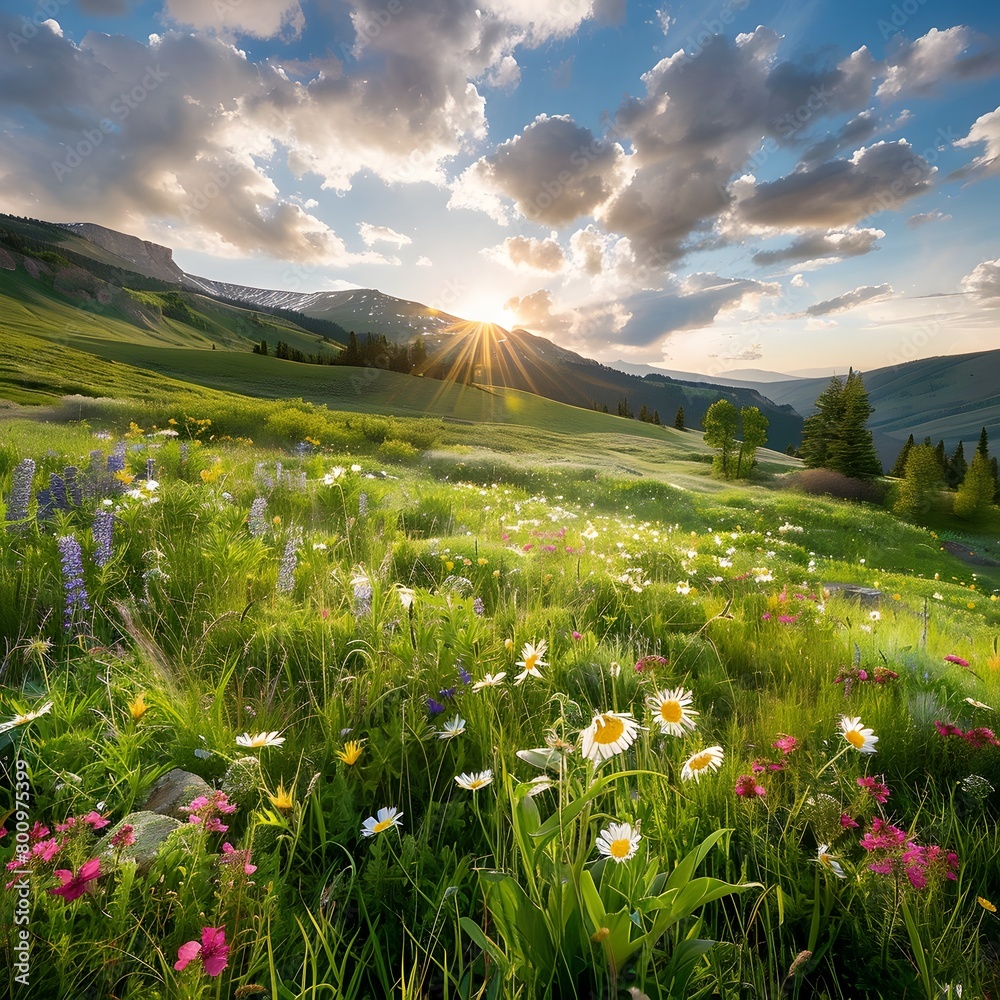 Fototapeta premium Magical Sunrise Over Blooming Wildflower Meadow in Scenic Mountain Landscape