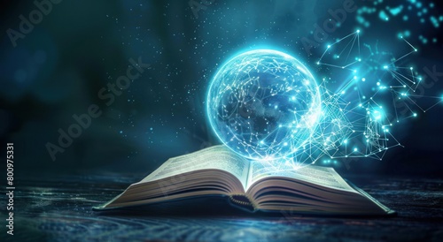 Modern futuristic book that emits light in the shape of an earth or globe © diwek
