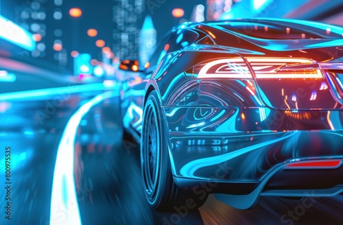 3D technology concept render. futuristic modern cars speeding on city roads at night.