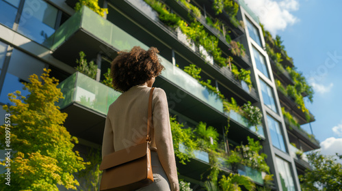 Business woman walking to office building with green terraces, sustainable building, vertical forest in futuristic city, African American woman in green public place, eco architecture