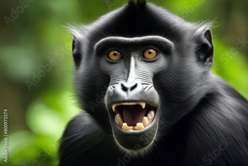 'sulawesi natural green portrait habitat open crested celebes ape island close indonesia black macaque background mouth animal bellow canino endemic face fang forest funny grin growl head howl jungle'
