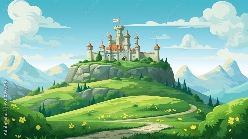Enchanted Castle on Lush Green Hills Cartoon Illustration