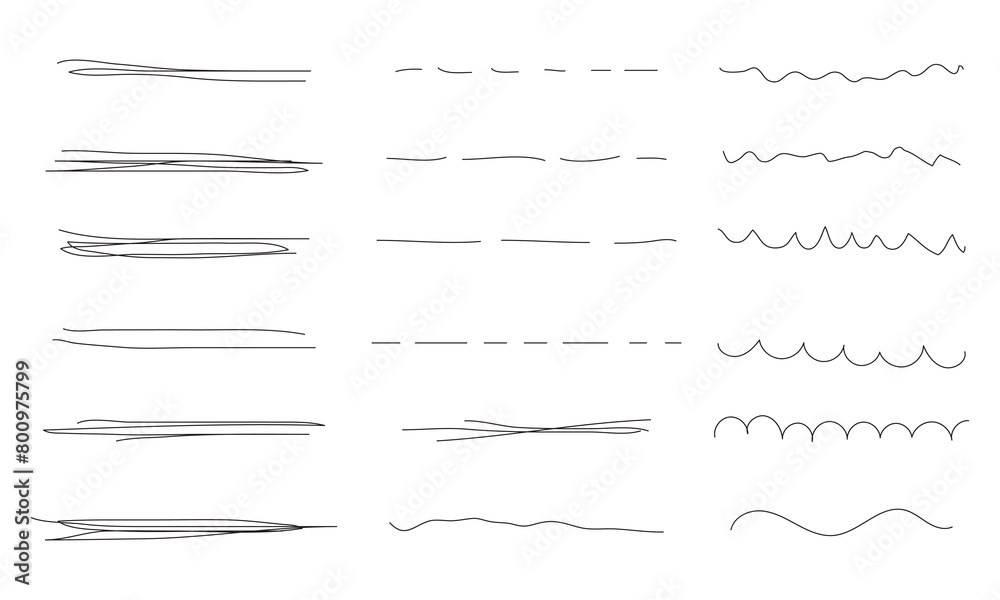 Scribble doodle underline emphasis line shape set. Hand drawn brush stroke elements with white artboard.