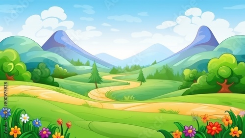 Sunny Countryside Landscape with Rolling Hills and Lush Trees