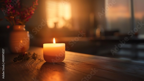 A soothing view of a candle flame gently flickering in a dimly lit room The warm glow and subtle movement create a calming atmosphere, emphasizing the simplicity of peaceful moments photo