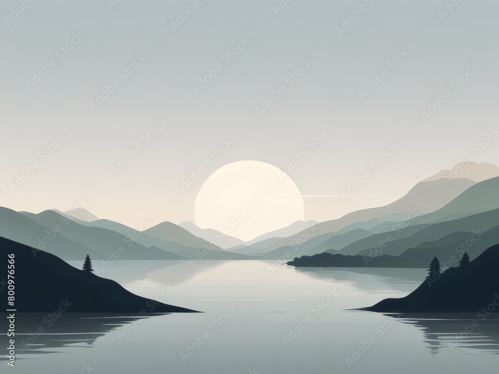 a painting of a lake with a full moon in the background.
